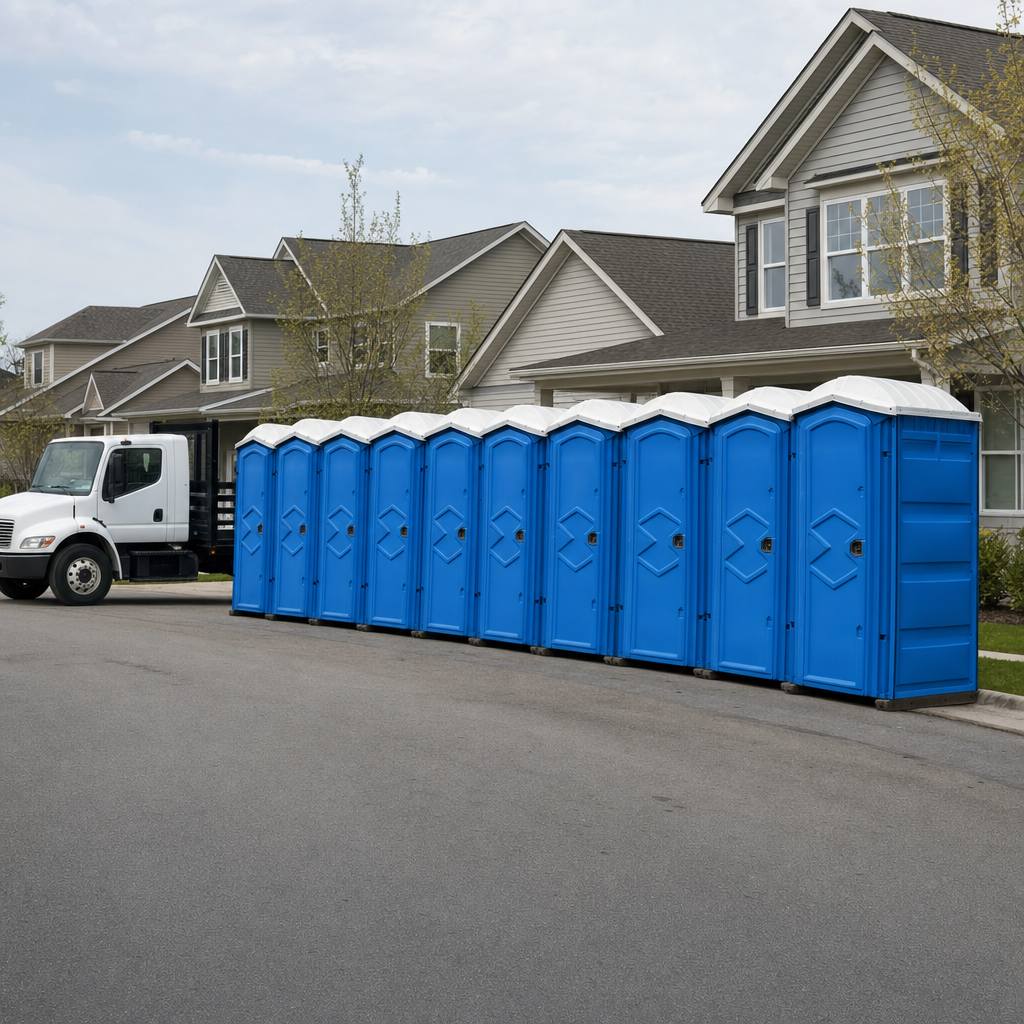 Royal blue portable toilets staged in a tidy row at a Mission jobsite, ready for delivery